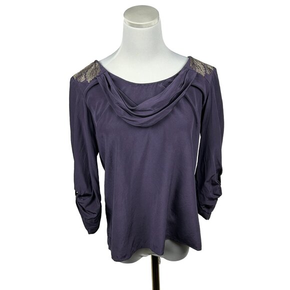 Tibi Blouse Women 4 100% Silk Roll Tab Sleeve Purple Embellished Beaded Feathers - Picture 1 of 12